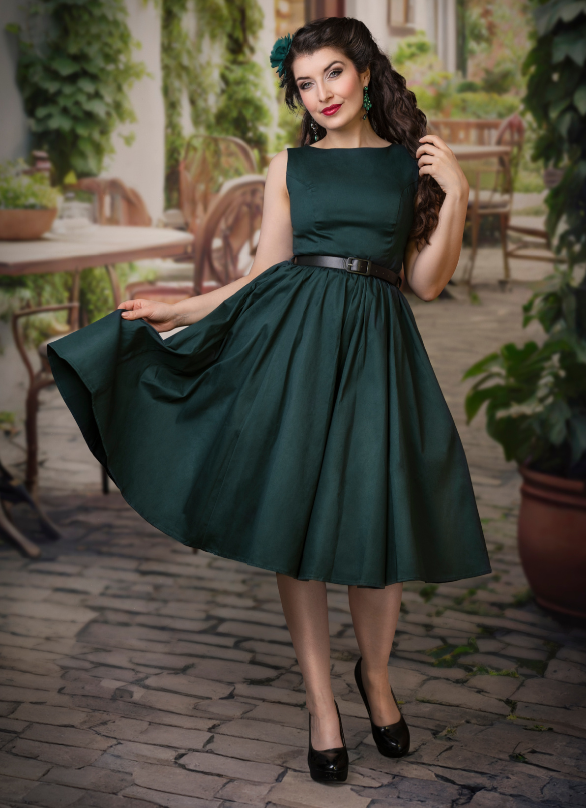 Forever Fifties 50's Retro Vintage Swing Kleid Audrey Plain Dress in Dunkelgrün Grün Petrol 50er Jahre Petticoat Damenkleid Dress Jive Lindy Hop 0