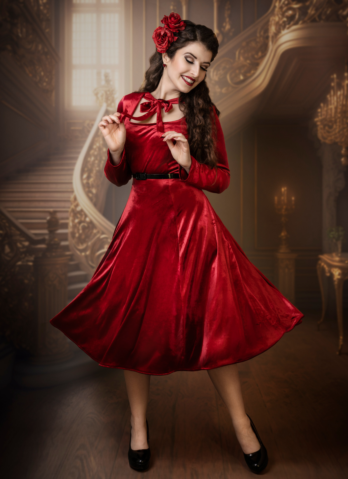 Forever Fifties 50's Vintage Samt Swing Kleid Clarissa Winter Velvet Dress in Rot 50er Jahre Petticoat Damenkleid Winterkleid Weihnachtskleid Samtkleid lange Ärmel langarm